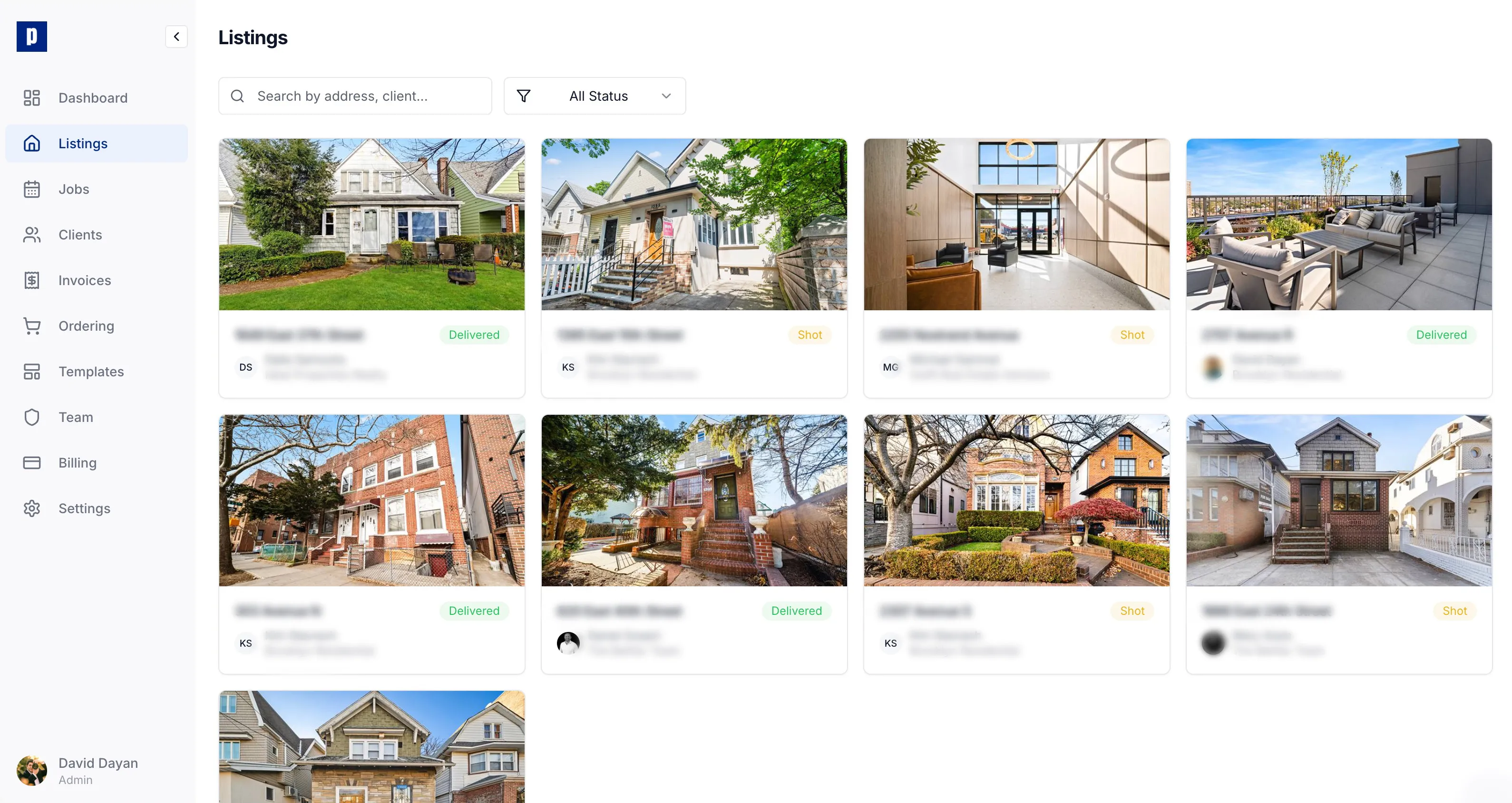 Admin dashboard showing listing management with order status, team assignments, and revenue tracking
