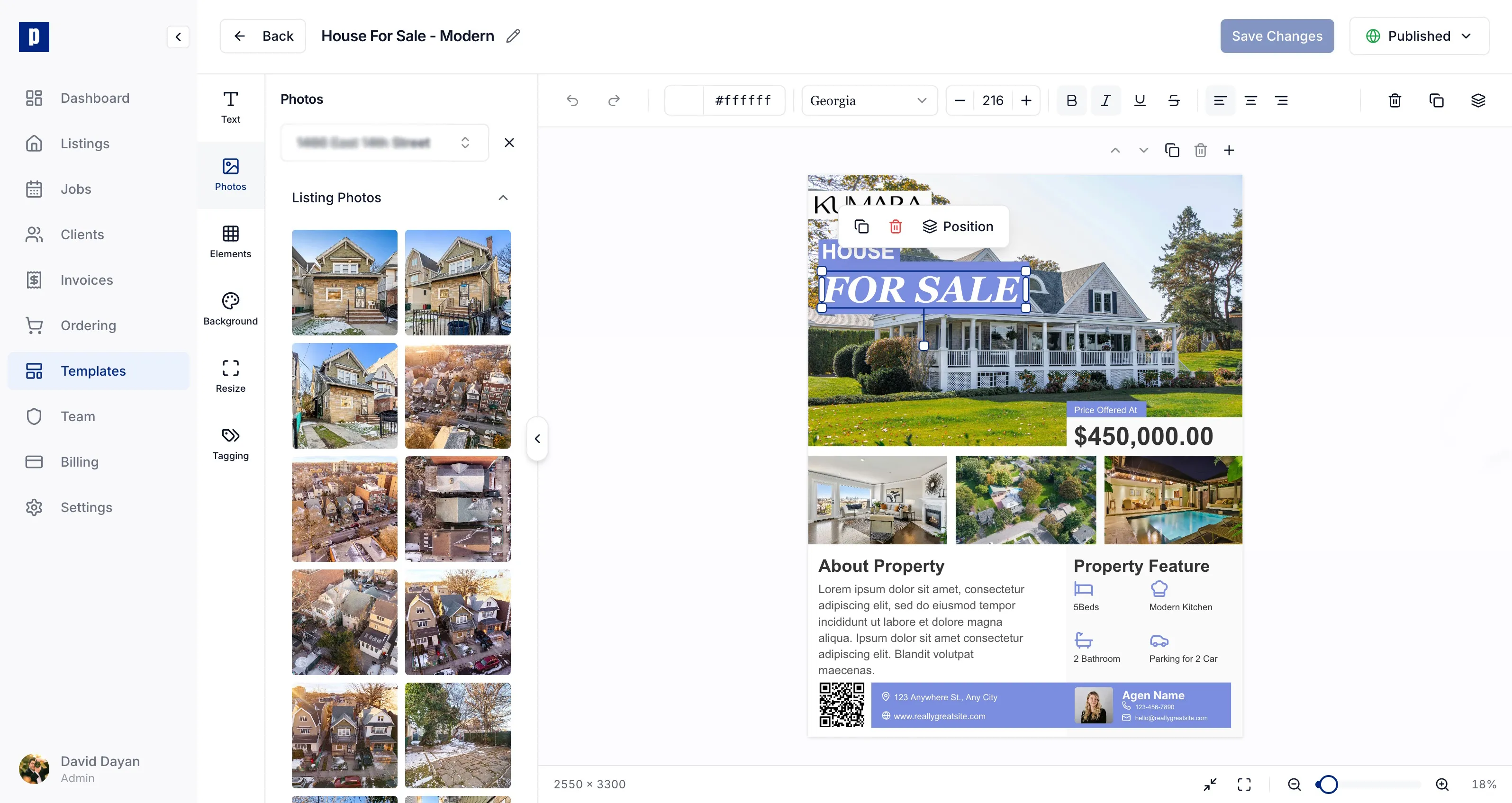 Drag-and-drop marketing template editor for creating property flyers and social media posts