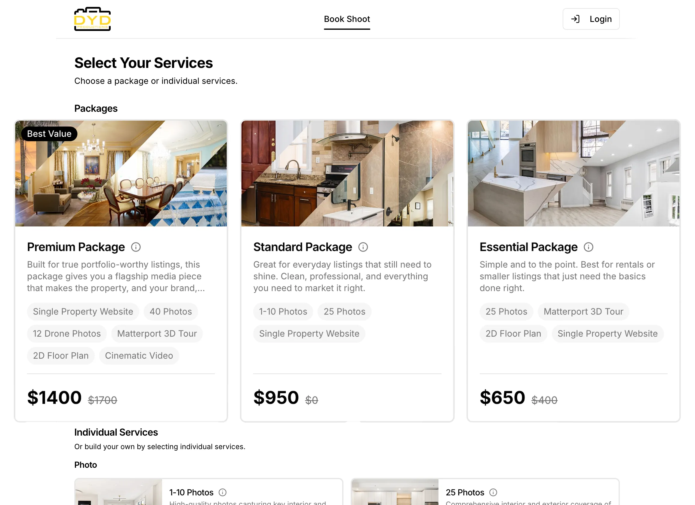 Mobile-optimized real estate photography booking page with service selection and scheduling